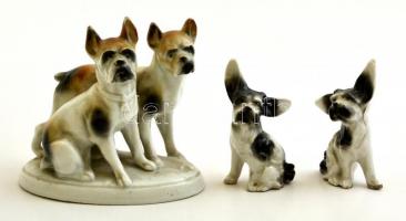 Porcelán kutyák ( 3 db,), kézzel festett, jelzés nélkül, kopott, m:10 és 7,5 cm (2×)