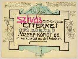 cca 1930 Budapest, Szívós Zsigmond és Társai Éttermei Úri Söröző egyedi reklám tábla terv, rajta látványterv és magyarázó szövegek, akvarell-tus, papír, hajtásnyomokkal, 46x59 cm