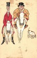 Gentlemen on horse with dog. Art postcard (fl)
