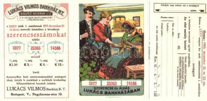 1915 Lukács Vilmos Bankház Rt. kihajtható 3-részes litho reklámlapja. Budapest V. Nagykorona utca 13. / Hungarian bank house 3-tiled foldable litho advertisement card s: Földes