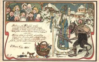 Saint Nicholas and Krampus art postcard. G. Rüger & Co. Wien V/I. 1900. No. 528. Art Nouveau litho s: A. Elleder (EK)