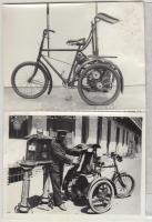 cca 1910-1920 Postás Csonka-féle triciklivel és magáról a tricikliről készült fotó, 2 db későbbi előhívás, egyik foltos, 9x12 cm