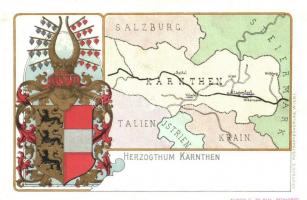 Herzogthum-Kärnthen. Deutsch's Postkartenverlag, Wien / Austrian map and coat of arms. litho