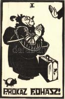 Harmos Károly eredeti linometszései. Nyomta a Virradat könyvnyomda - 3 db régi művészlap: Prokáz foh...