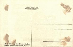 Harmos Károly eredeti linometszései. Nyomta a Virradat könyvnyomda - 3 db régi művészlap: Prokáz foh...