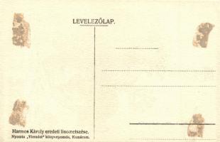 Harmos Károly eredeti linometszései. Nyomta a Virradat könyvnyomda - 3 db régi művészlap: Prokáz foh...