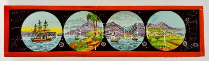 cca 1880 Laterna magica készlet. Eredeti fa dobozában, nagyon sok üveglappal. / Laterna magica kit