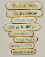 Porcelán gyógyszertári feliratok, jelzettek, kopottak, 8 db, h: 12 és 16 cm