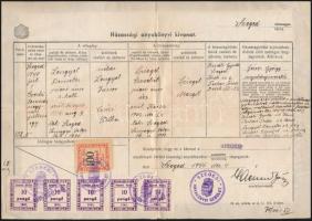 1945 6 db Szeged városi illetékbélyeg + 50 x 2P okirati illetékbélyeg házassági anyakönyvi kivonaton