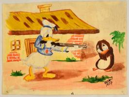Halmi jelzéssel: Donald kacsa csőre töltve. Akvarell, papír, foltos, 34×45 cm
