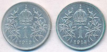 Ausztria 1913-1914. 1K Ag "Ferenc József" (2x) T:1-,2
Austria 1913-1914. 1 Corona "F...