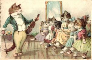 1899 Cat dance class with violinist. Theo. Stroefers Kunstverlag Aquarell-Postkarte Serie V. (Tiere) No. 668. litho (EK)