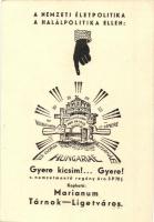 A Nemzeti Életpolitika a Halálpolitika ellen. Gyere kicsim!... Gyere! című nemzetmentő regény reklámlapja / Hungarian irredenta, nation's rescue book advertisement