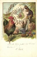 Fröhliche Ostern / Easter greeting card with rabbits and rooster. O. Dibbern & Sperling 703. litho s: herm. Schüssler