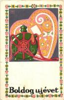 Boldog Újévet. Rigler József Ede kiadása / New Year greeting art postcard (kis szakadás / small tear)