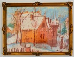 Rónai jelzéssel: Téli házak, pasztell, papír, üvegezett fa keretben, 29×39 cm