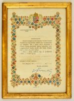 1936 Nemzeti Egység Pártja községi ifjúsági csoport elnöki kinevező okmánya, Gömbös Gyula miniszterelnök nyomtatott aláírásával, Stádium Rt., üvegezett fa keretben, 28,5x20 cm