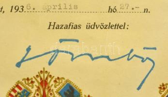 1936 Nemzeti Egység Pártja községi ifjúsági csoport elnöki kinevező okmánya, Gömbös Gyula minisztere...