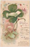 Gruss aus! Guten Abend / Good night greeting art postcard. floral, decorated litho