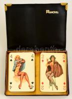 2 pakli erotikus pin-up kártya, műbőr tartóban, az egyik pakli hiányos