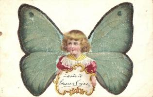 Little girl with butterfly wings. Greeting art postcard. decorated litho (EB)