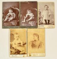 cca 1900 Gyerekfotók és hölgyportré, 5 db vizitkártya méretű fénykép pesti fényképészek műterméből (Mai és Társa, Kállai, Szilágyi), 9x6,5 cm