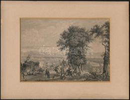 cca 1850 Jelzés nélküli, csatajelenetet ábrázoló akvarell  paszpartuban 16,5x12 cm