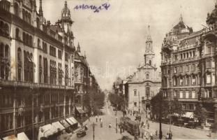 Budapest V. Apponyi tér (Ferenciek tere), Kossuth Lajos utca, templom, villamos, automobil, Szénásy, Steyr üzletei (lyuk / hole)