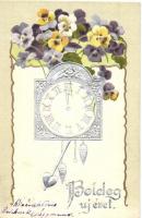 Boldog újévet! / New Year greeting art postcard. silver floral litho