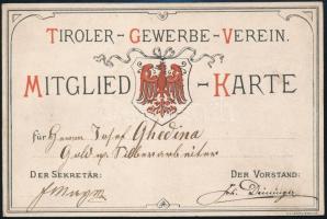 cca 1900 Tiroler Gewerbe Verein tagsági jegy / Mitgiedskarte