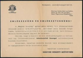 cca 1930 Magyar Nemzeti Szövetség irredenta levélzáró mellé mellékelt felhívás.