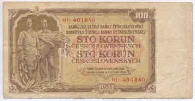 Csehszlovákia 1953. 100K T:III,III- Czechoslovakia 1953. 100 Korun C:F,VG