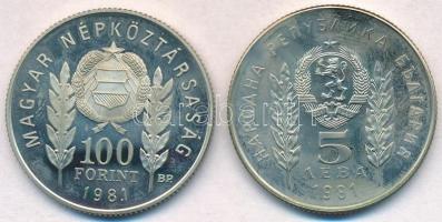 1981. 100Ft Cu-Ni + 5L Cu-Ni "Bulgária 1300 éves" magyar-bolgár közös kiadás, eredeti tokb...