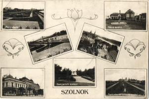 Szolnok, mozaiklap: park, Tisza híd, Tisza szálloda, Damjanich-szobor, Városháza (fa)