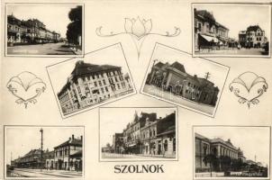 Szolnok, mozaiklap: Gorove utca, Gróf Szapáry utca, Felső ipariskola, Színház, Vármegyeház, Nemzeti szálloda, Vasútállomás