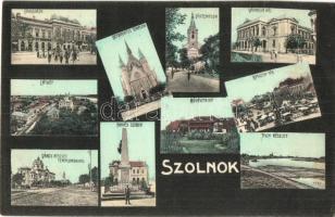 Szolnok, mozaiklap: Városháza, Református templom, Vártemplom, Vármegyeház, Kossuth tér, piac, Művésztelep, Honvéd-szobor, Tisza részlet, Izraelita templom (zsinagóga) (EK)