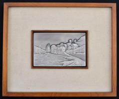 Városka a tó partján, Ottaviani, domborított ezüst képkompozíció, jelzett, fakeretben, szövet borítá...