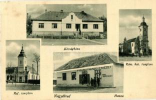 Nagyölved, Velké Ludince; Községháza, Református és római katolikus templomok, Hanza fogyasztási szövetkezet üzlete, Hitelszövetkezet, Vendéglő / town hall, churches, cooperative shop, restaurant (EK)