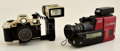 Olympia filmes automata fényképezőgép külső vakuval és JVC GR-45 videokamera akkumulátor nélkül