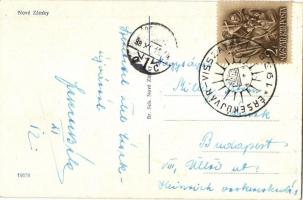 Érsekújvár, Nové Zamky; népbank, tér, villamos, piaci árusok / bank, square, tram, market vendors  &...