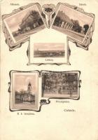 Csömör, Vasútállomás, Iskola, Római katolikus templom, Községháza. Feuermann Lipót kiadása. Art Nouveau (apró szakadás / tiny tear)