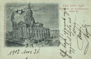 Budapest V. Váci körút éjjel, Szent István bazilika, villamos. Kaufman F. kiadása humoros részeg montázs (EK)