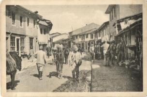Shkoder, Shkodra, Skadar, Skodra; Kriegsleben im alten Bazar / WWI street view, shops + K.u.K. Husarenregiment Nr. 7. Wilhelm II. stamp (EK)