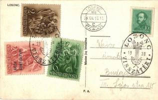 Losonc, Lucenec; mozaiklap: templomok, Szüsz kávéház, utcakép, automobil / multi-view postcard with ...