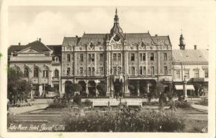 Szatmárnémeti, Satu Mare; Hotel Dacia szálloda, Takarékpénztár Rt., Franco-Romana bank, automobil. Huszár Aladár kiadása / hotel, banks, automobile + 1940 Szatmárnémeti visszatért So. Stpl. (EK)