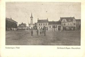 Szászrégen, Reghin; Fő tér, templom, üzletek / Hauptplatz / main square, church, shops + 1940 Szászrégen visszatért So. Stpl. (EK)