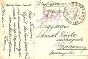 Szászrégen, Reghin; Fő tér, templom, üzletek / Hauptplatz / main square, church, shops + 1940 Szászr...