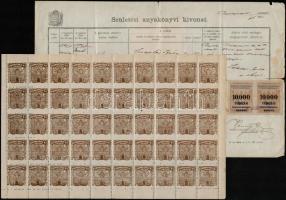 Szombathely városi illeték bélyegek, bizonyítvány kiállítási díj teljes ív + Bp. fővárosi születési anyakönyvi kivonat illeték bélyegekkel