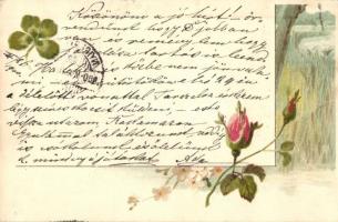 Művészeti üdvözlőlap, lóhere, rózsa, (ázott), Clover greeting art postcard (wet damage)
