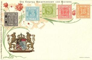 Die ersten Briefmarken von Bayern / The first Bavarian stamps, coat of arms. Menke-Huber Briefmarkenbörse floral, litho